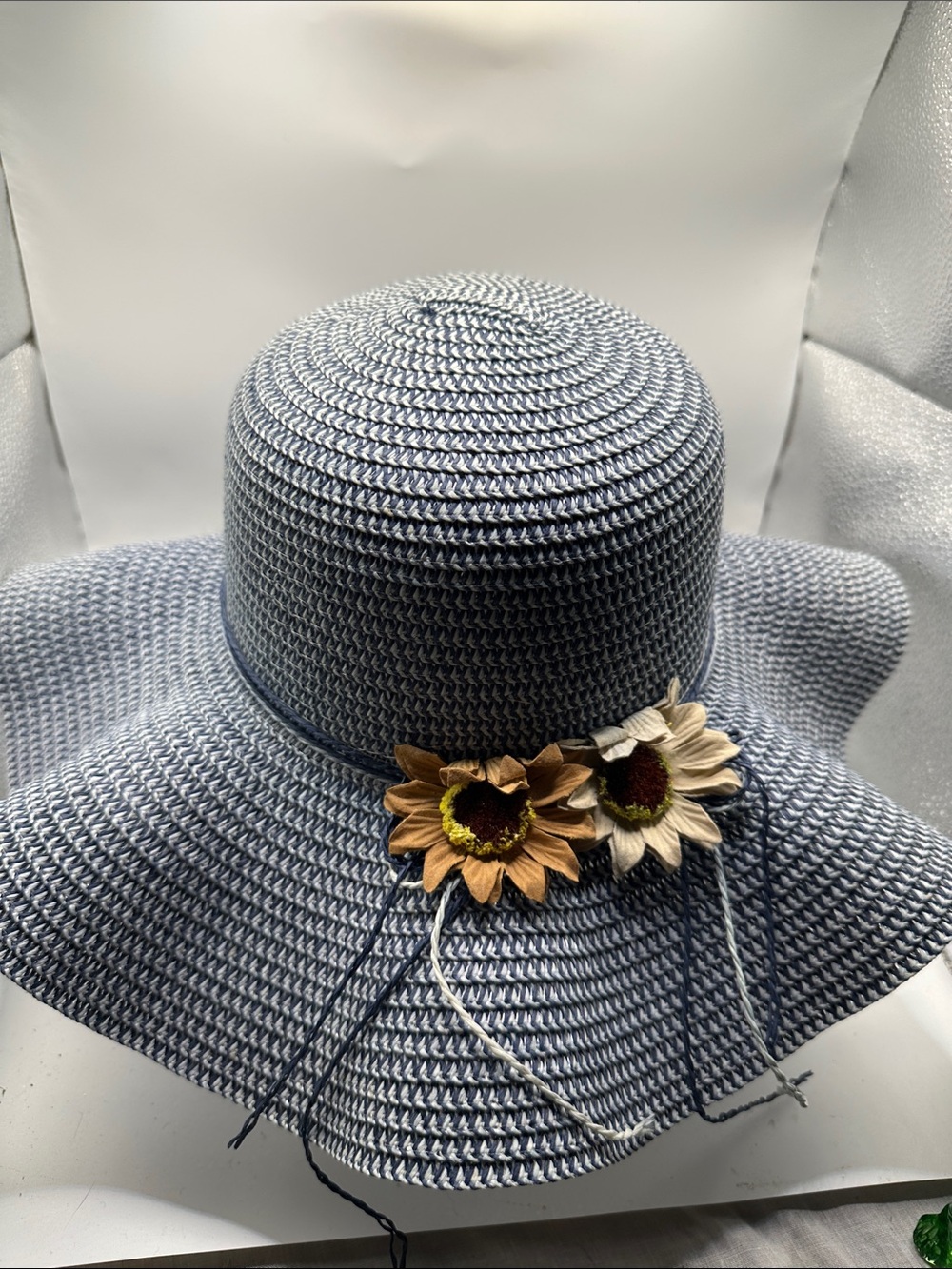 Wide Brim Sun Hat with Floral Trim - Blue